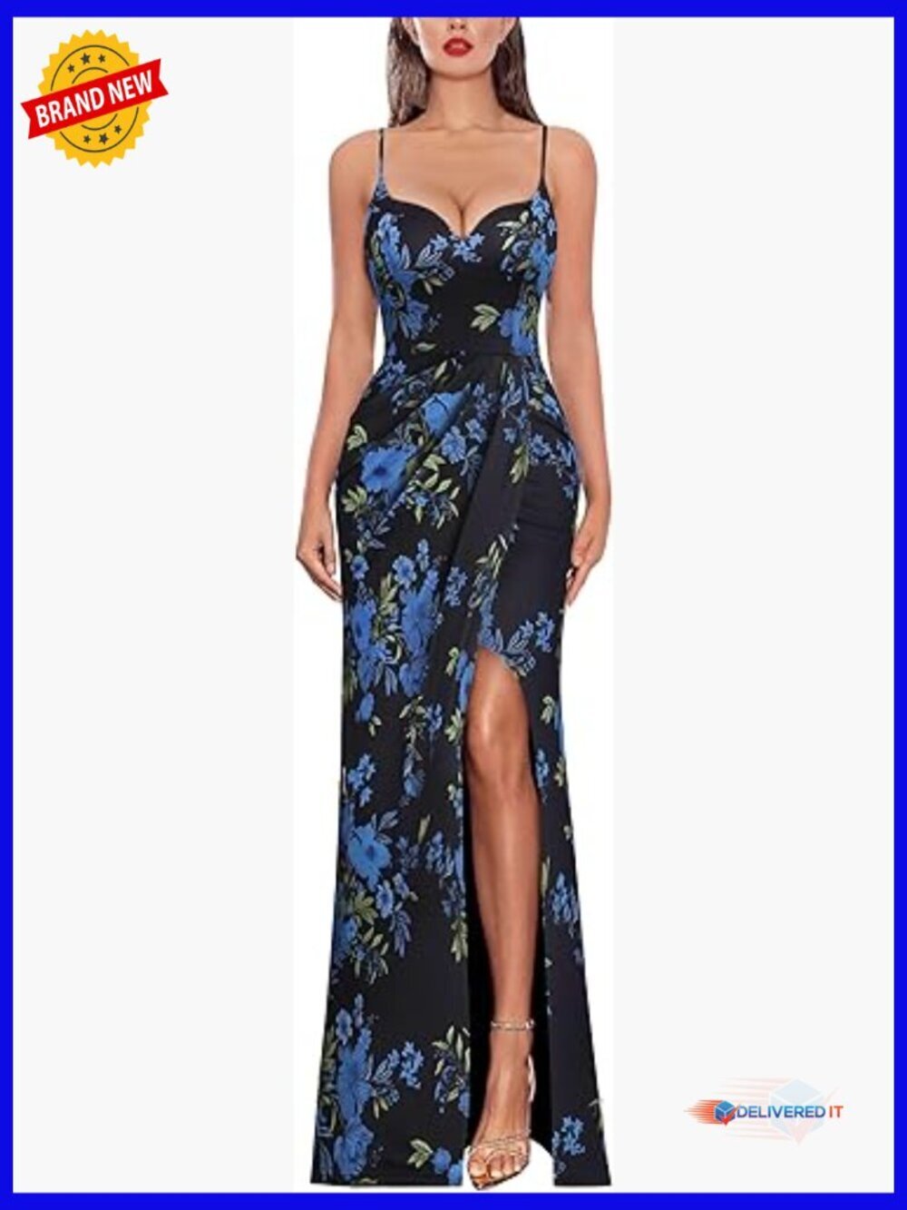 Sexy Formal Ruched Fitted High Slit Bodycon Maxi Dress Spaghetti Strap